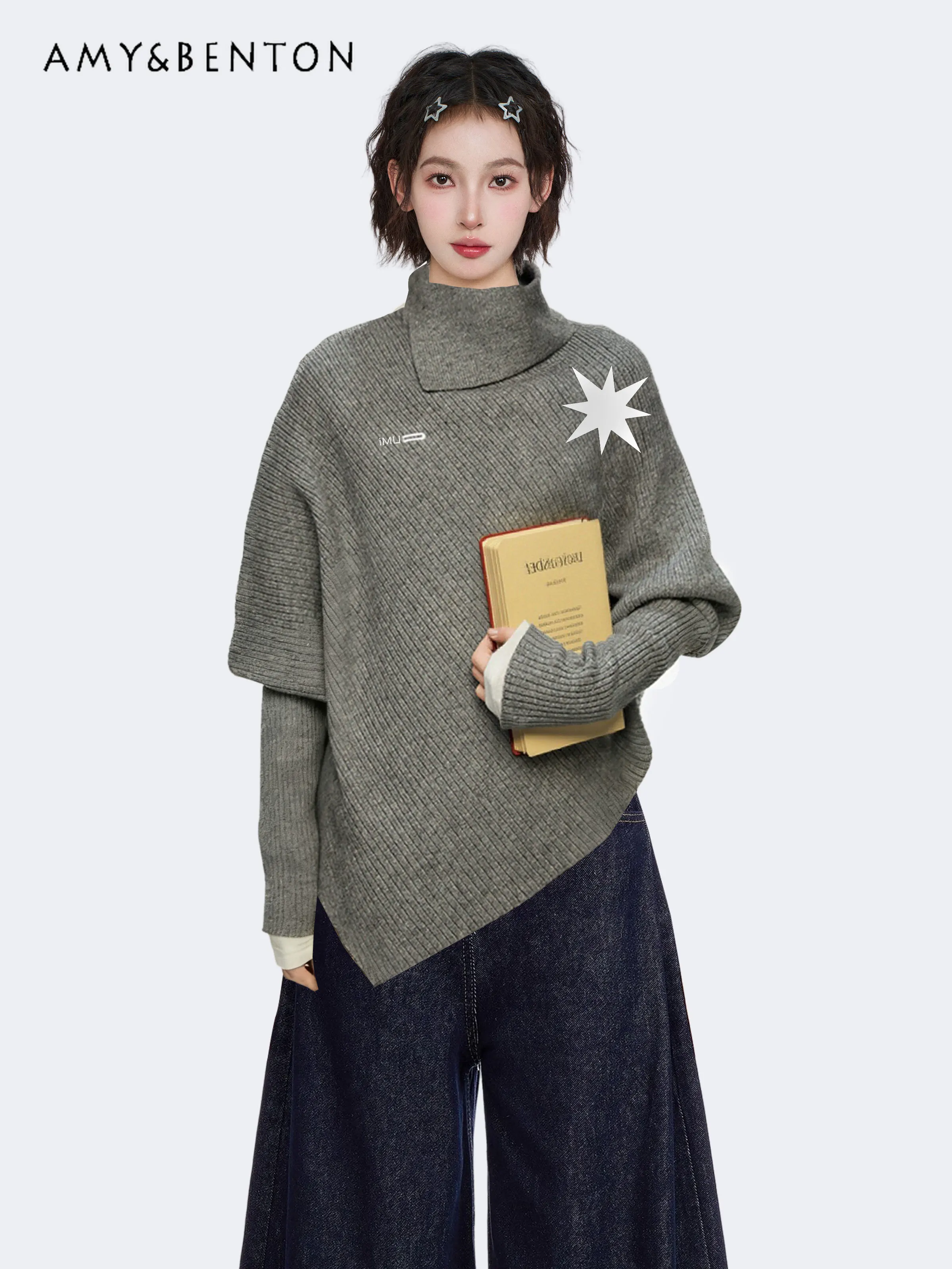 

2025 Autumn Winter New Gray High Neck Pullover Long Sleeve Knitted Sweater Women Loose Irregular Batwing Sleeve Top