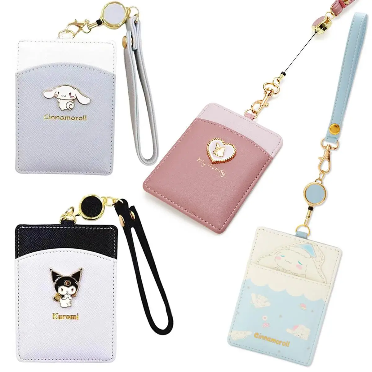 Sanrio Cinnamoroll Kuromi Mymelody Cartoon PU Retractable Reel Lanyard Credit Cover Case kawaii Anime ID Card Clip Badge Holder