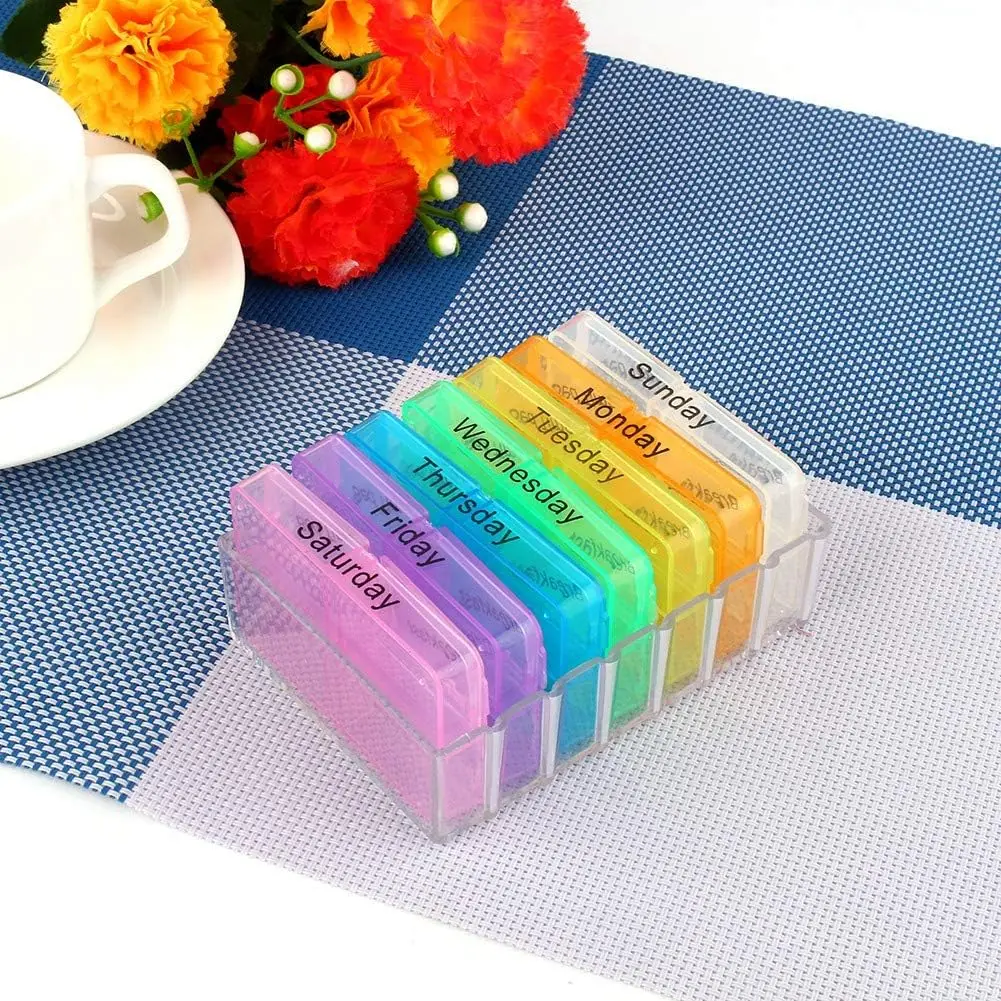 Weekly Dispenser, Colorful Organizer with Day Printed Tablet Sorter Case for Daily Supplements Medicines