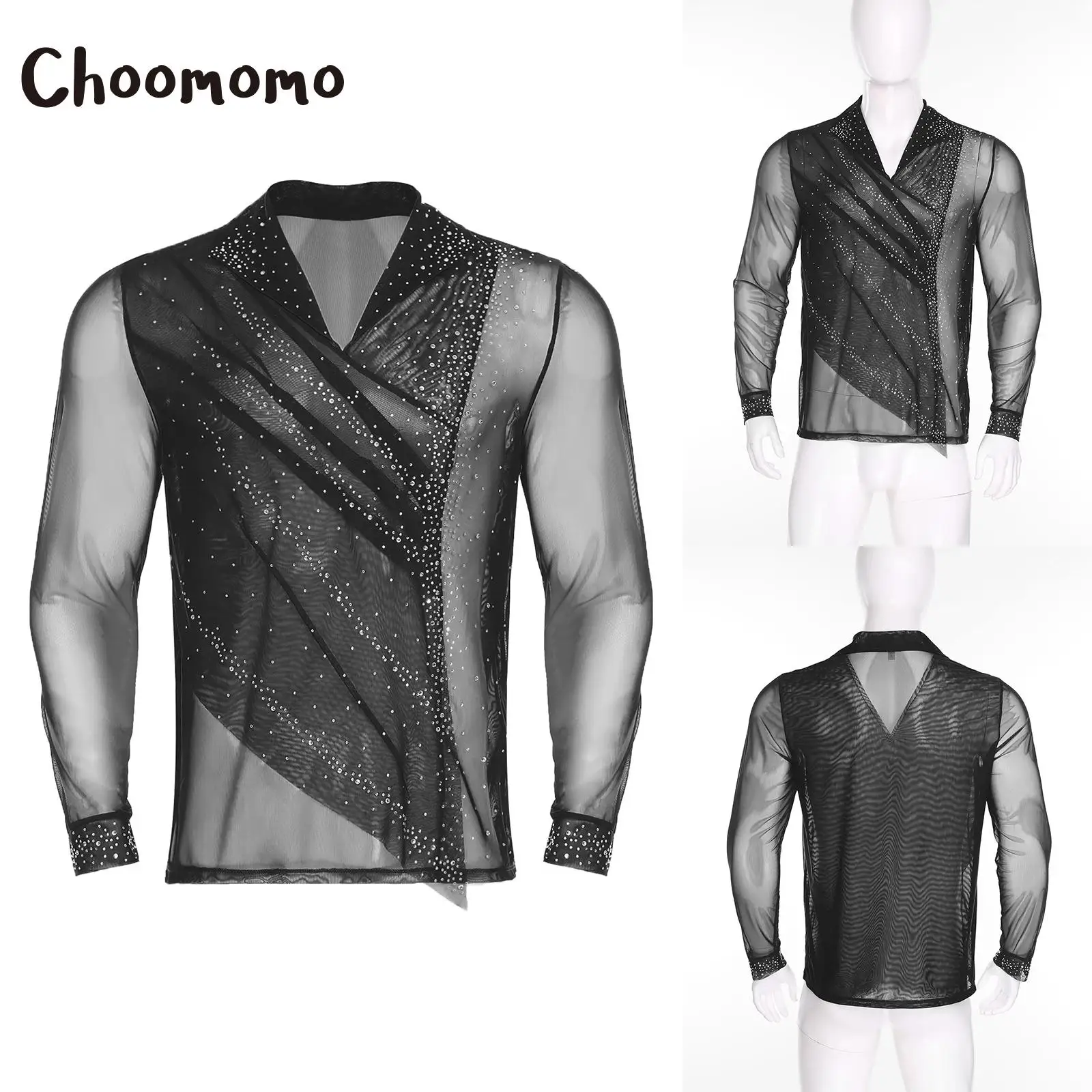 

Figure Skating Sheer Mesh Tops Glittery Rhinestones Gymnastics Workout Shirt Mens Front Ruched V Neck Long Sleeve Ballet Shirt
