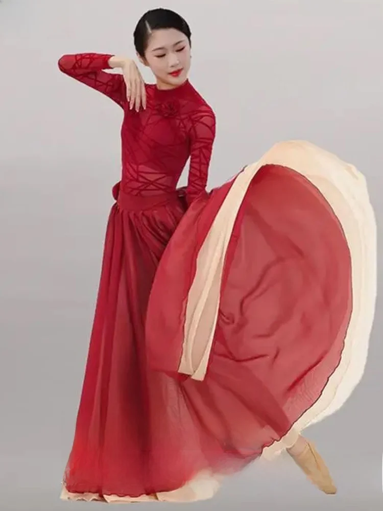 

Красный классический танцевальный костюм с пышной юбкой для женщин, этническая сценическая одежда из полиэстера
