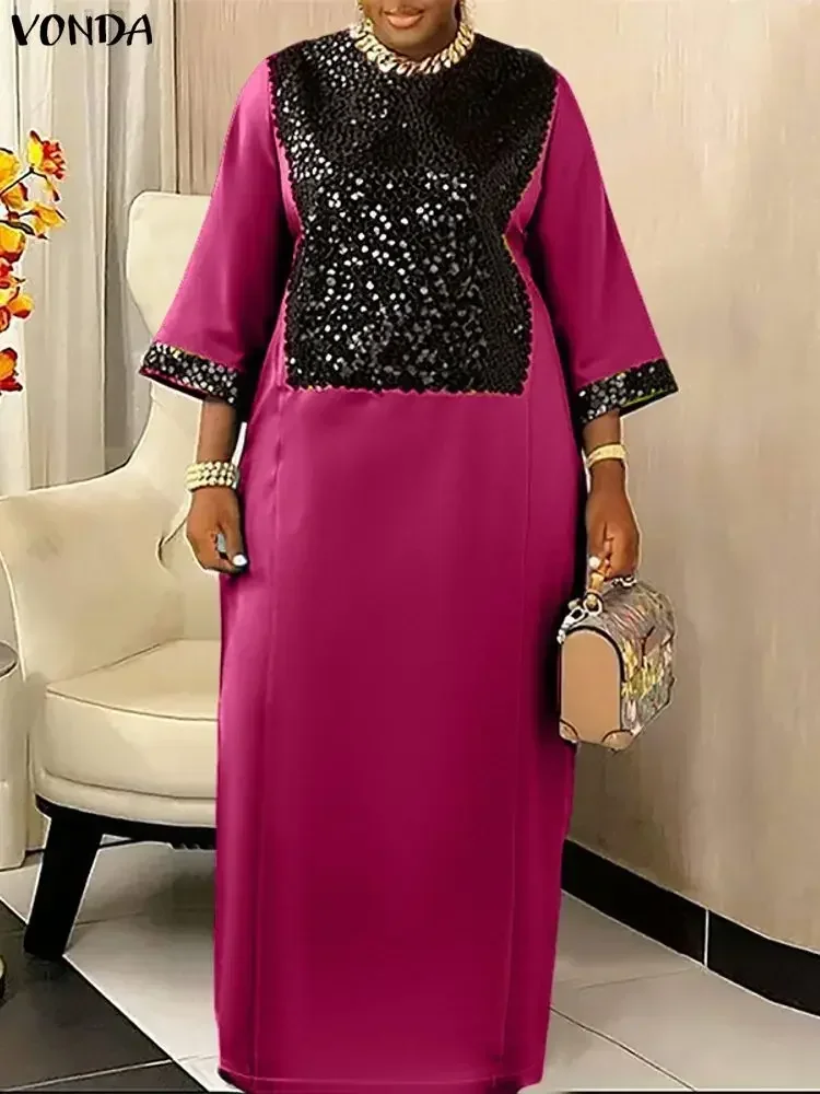 Abito da donna taglie forti VONDA Bohemian Party Abiti lunghi Splicing con paillettes Maxi abiti da donna Moda manica 3/4 Abito in raso 5XL