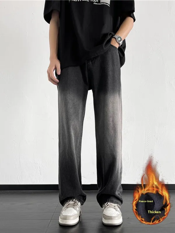 

Мужские зимние джинсы Fce Lined adient из утолщенного винтажного денима, свободного прямого кроя, модные, брендовые, в стиле INS, широкие, длинные брюки