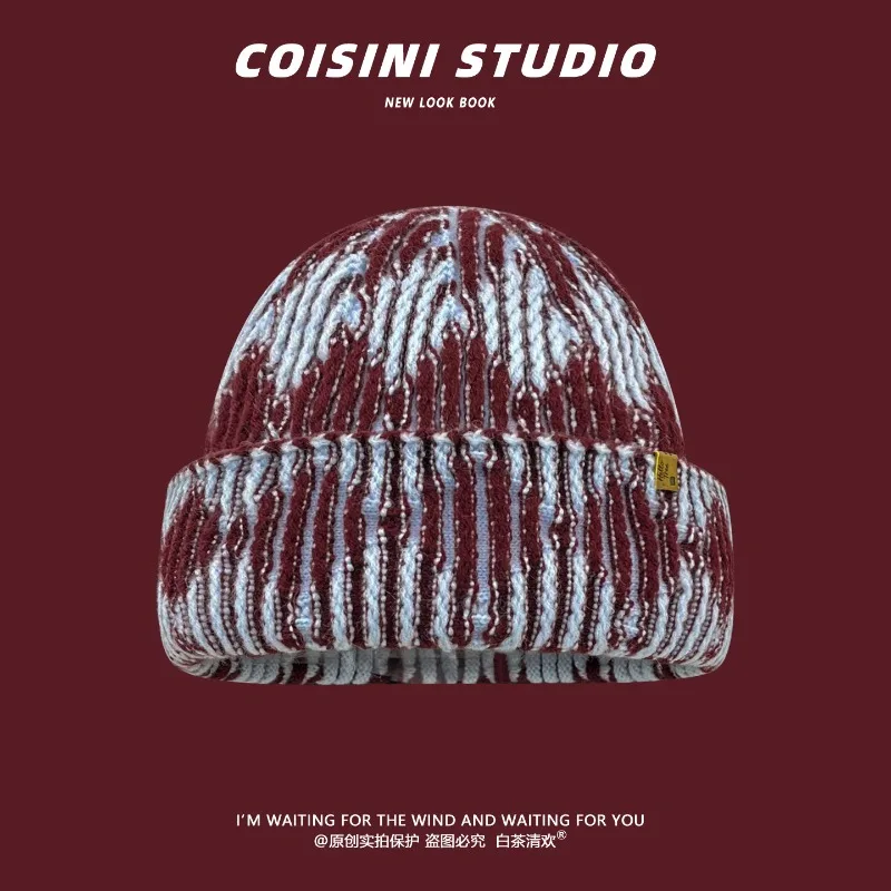 Niche Mixed Color Striped Pullover Knitted Hat Autumn and Winter Warm and Fashionable Versatile Ear Protection Skull Beanie Caps