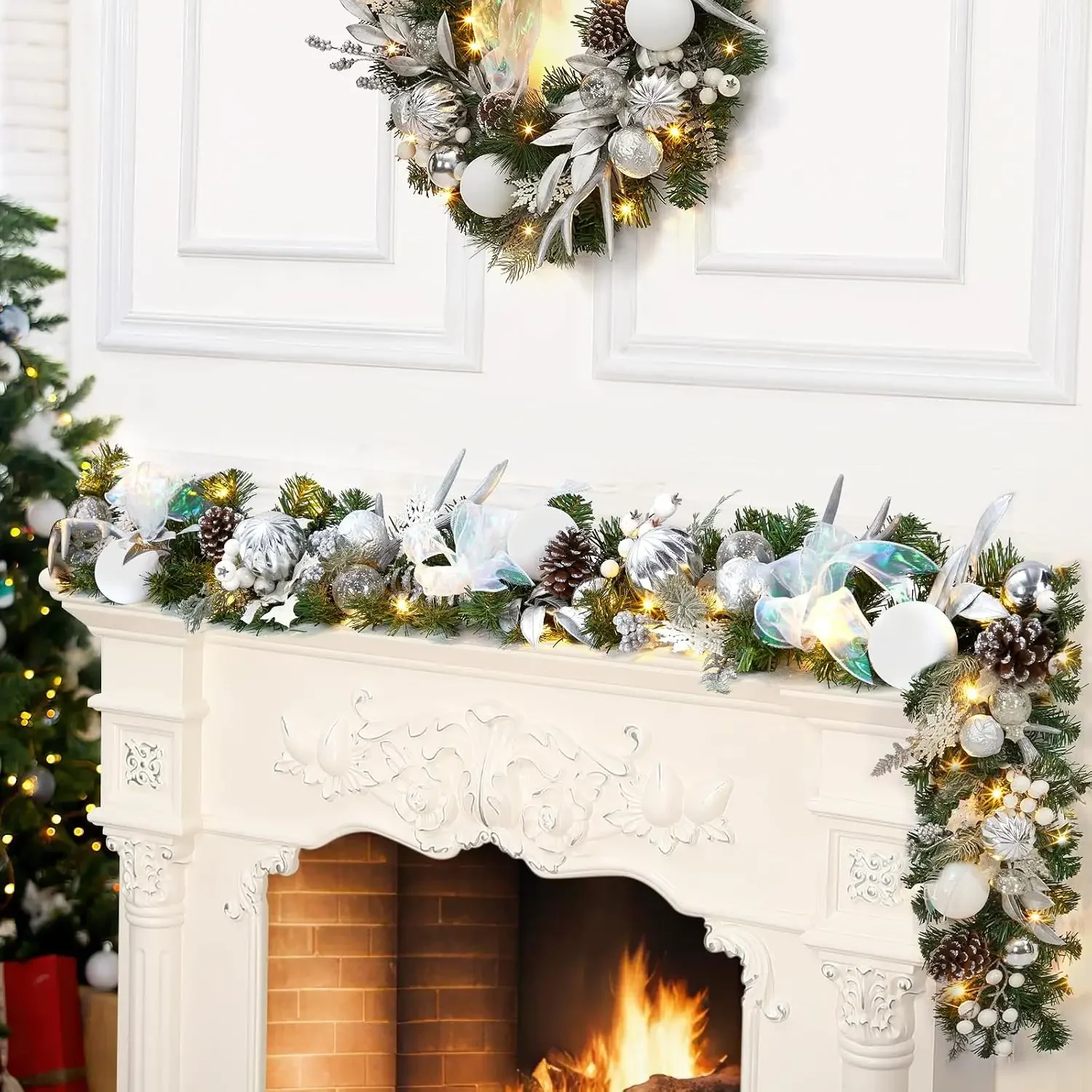 Garvee 6FT White Silver Christmas Garland with Lights & Timer for Mantle 20 LEDs 8 Modes Battery Operated, Lighted Winter Garland with Deer Antlers & Ball Ornaments for Fireplace Stairs - view 2