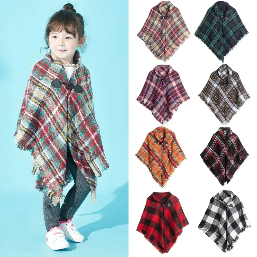 

Thicken Horn Buckle Plaid Cape Lattice Cloak Tassel Children Scarf Cashmere Shawl Scarves Check Shawl Women