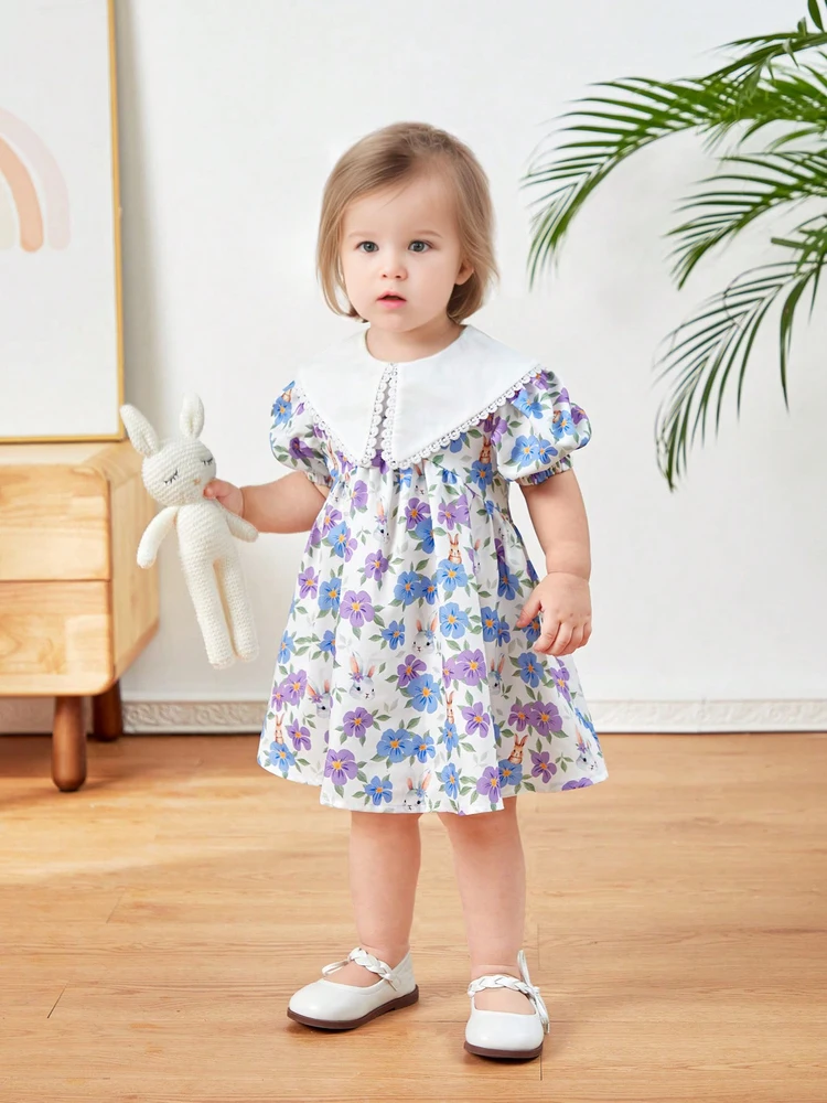 Baby girl child summer style sweet princess dress Korean version broken flower foreign style dress