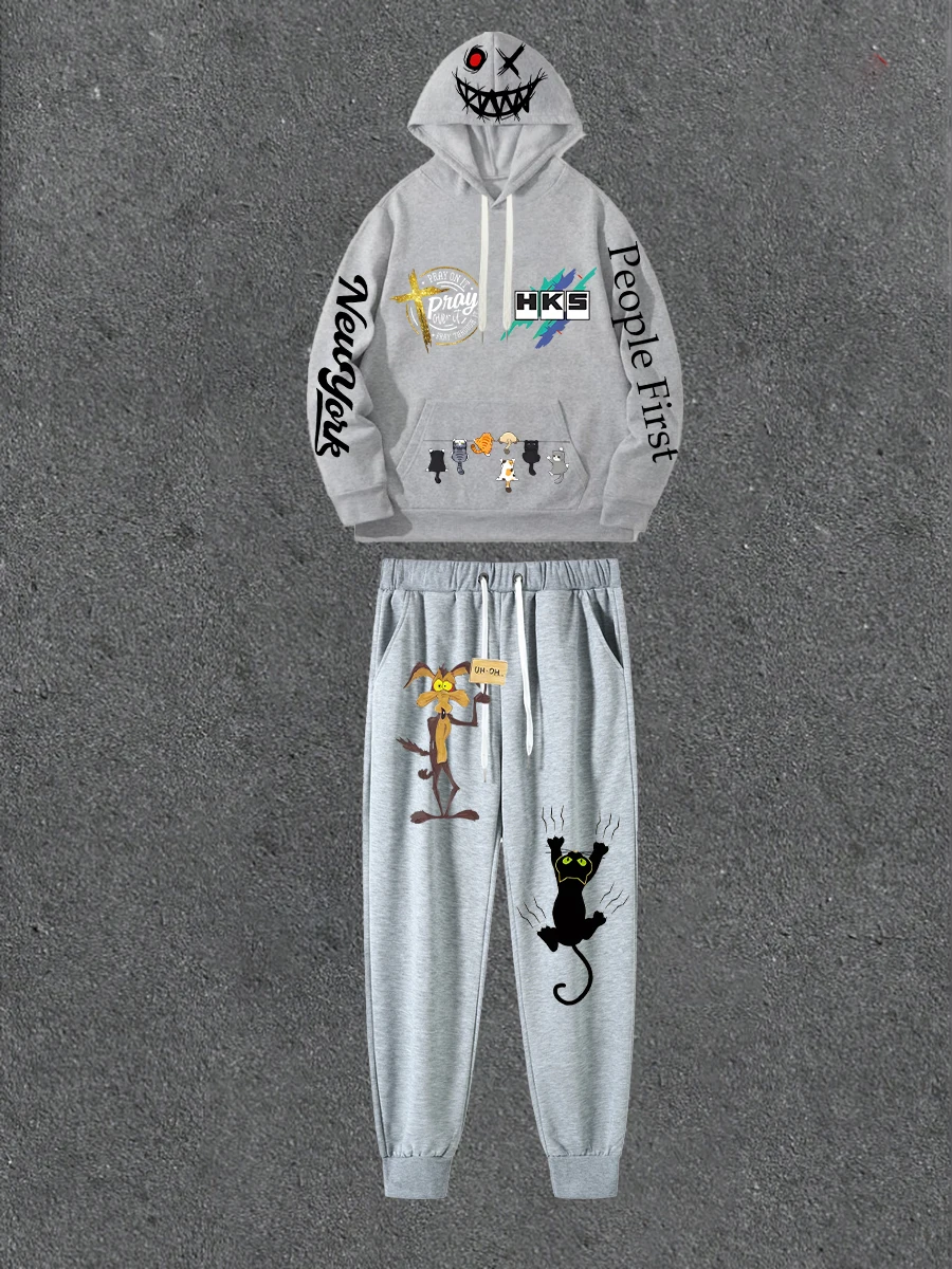 

Gray Double-sided Printed Hoodie Paired With Printed Casual Pants Loose Hoodie Street Style Outfit With Casual Pants