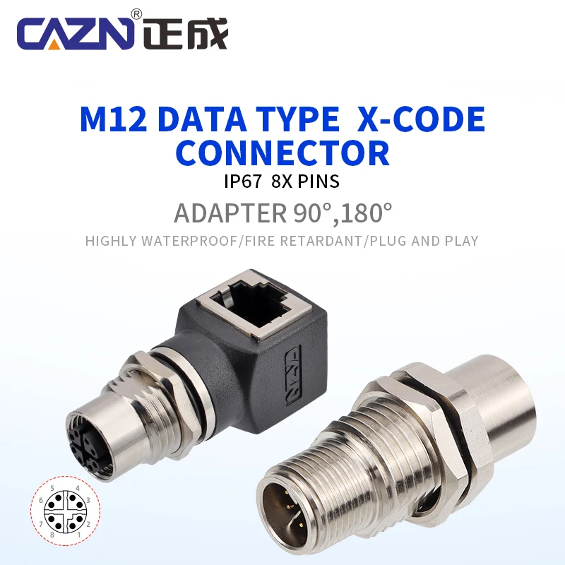 M12 X-Coded Connector Adapter Female 8 Pin Straight Angled IP67 Shielded for Gigabit Ethernet & Industrial Networks