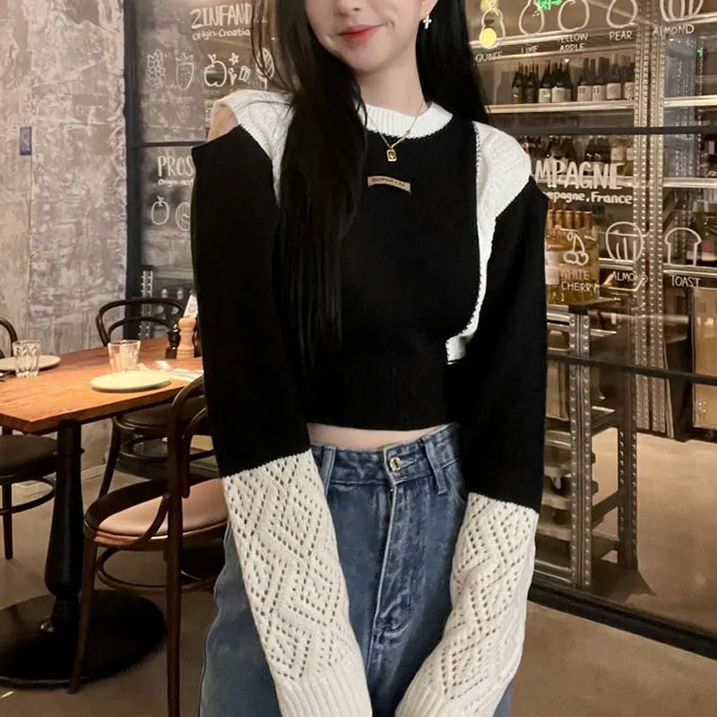 Patchwork Contrasting Colors Sweaters Female Clothing Fashion Off Shoulder Autumn Winter Slim Korean Round Neck Knitted Jumpers