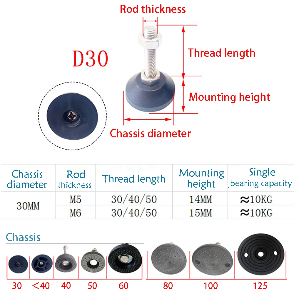 Adjustable Lathe Leg Dia 30mm Thread Type Adjustable Levelling Feet Swivel Base Articulating Legs M5/M6 Furniture Glide Pad