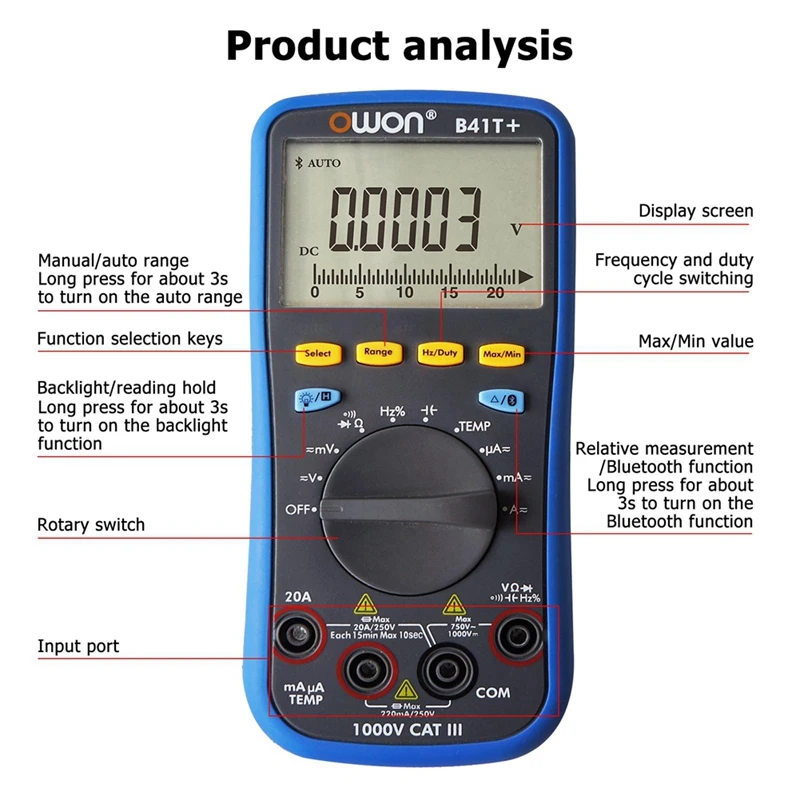 OWON B41T+ 4 1/2 Multifunction Digital Multimeter With Bluetooth True RMS Backlight Voltage And Current Test Meter Durable