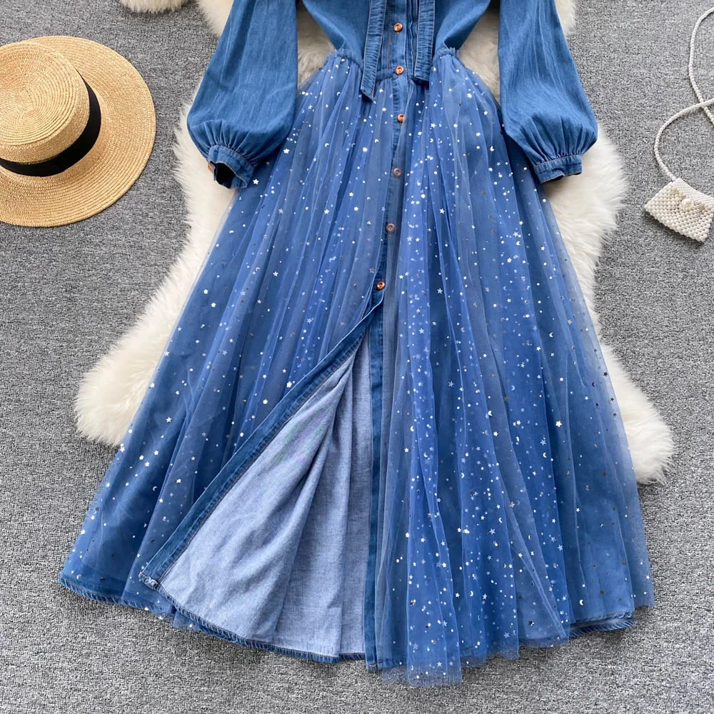 Elegant Long Sleeve Vintage Ear Fungus Edge Stand Neck Chic Sequins Mesh Spliced Denim Slim High Street Autumn Winter Dresses