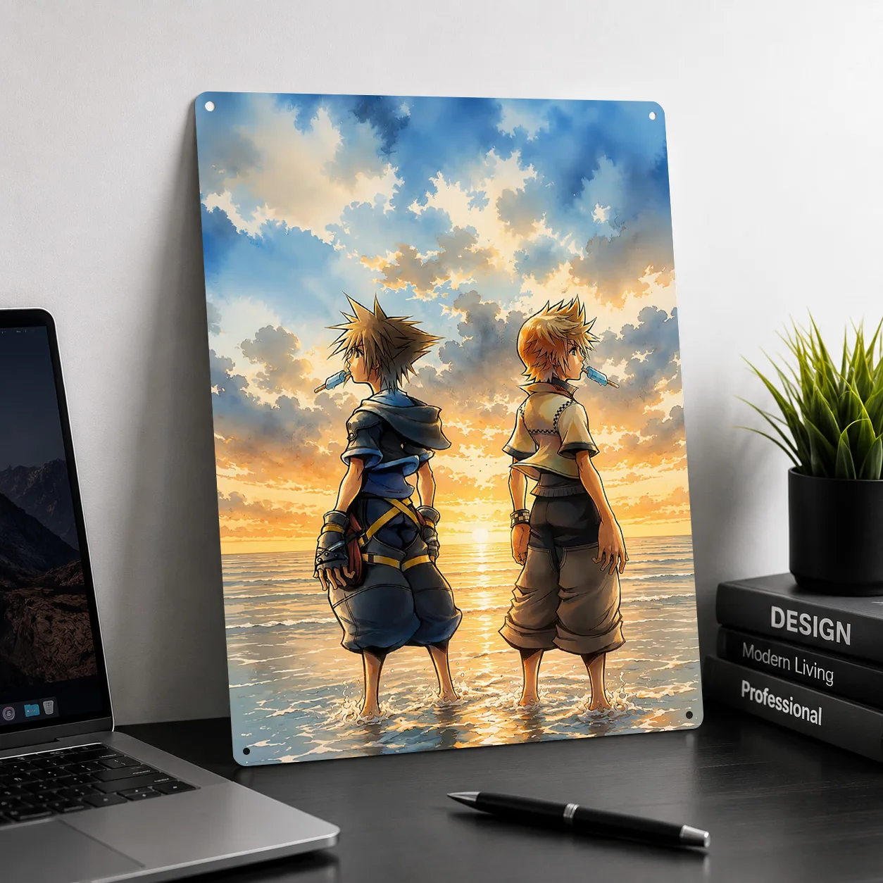 Two Boys on a Beach At Sunset Personalized 3D Textured Metal Poster Wall Art Tinplate Sign for Room Ornaments Garage Decoration