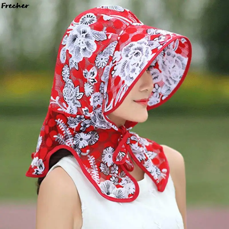 Ladies Anti-UV Sun Hat Summer Beach Floral Caps Wide Brim Beach Cap Women Garden Fashion Sunscreen Neck Face Cover Headscarf