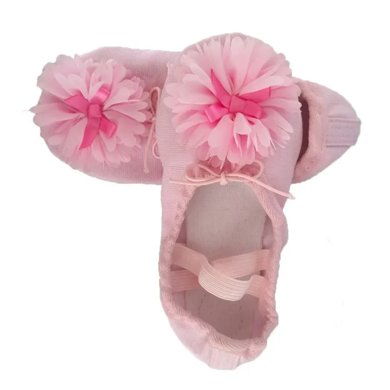 Sapatos de dança infantis, tecido todo de algodão, balé para Wo, dobra dupla rosa e Wo, flor grande, laço vermelho rosa