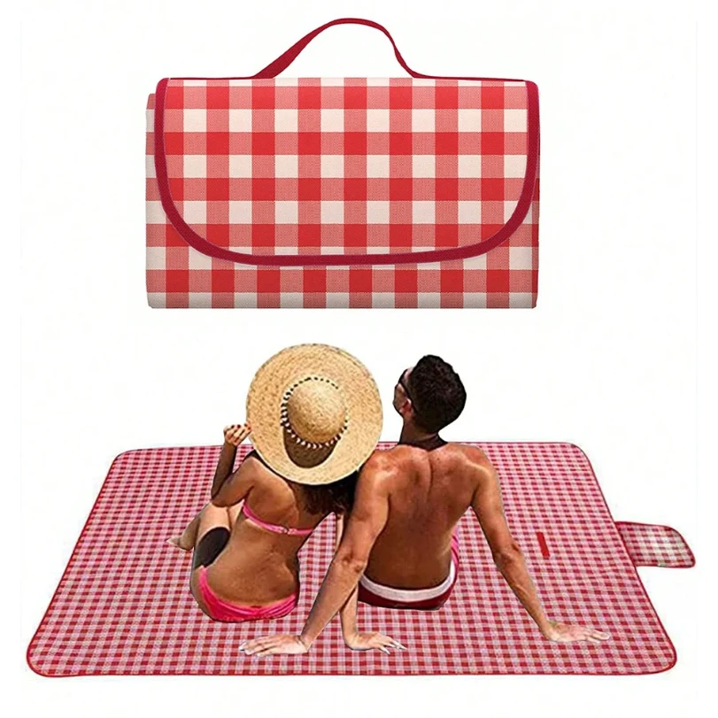 

Picnic Blanket 140×190cm Beach Mat Washable Lightweight with Handle Red Checkered for Hiking Travelling Outdoor Camping Parks