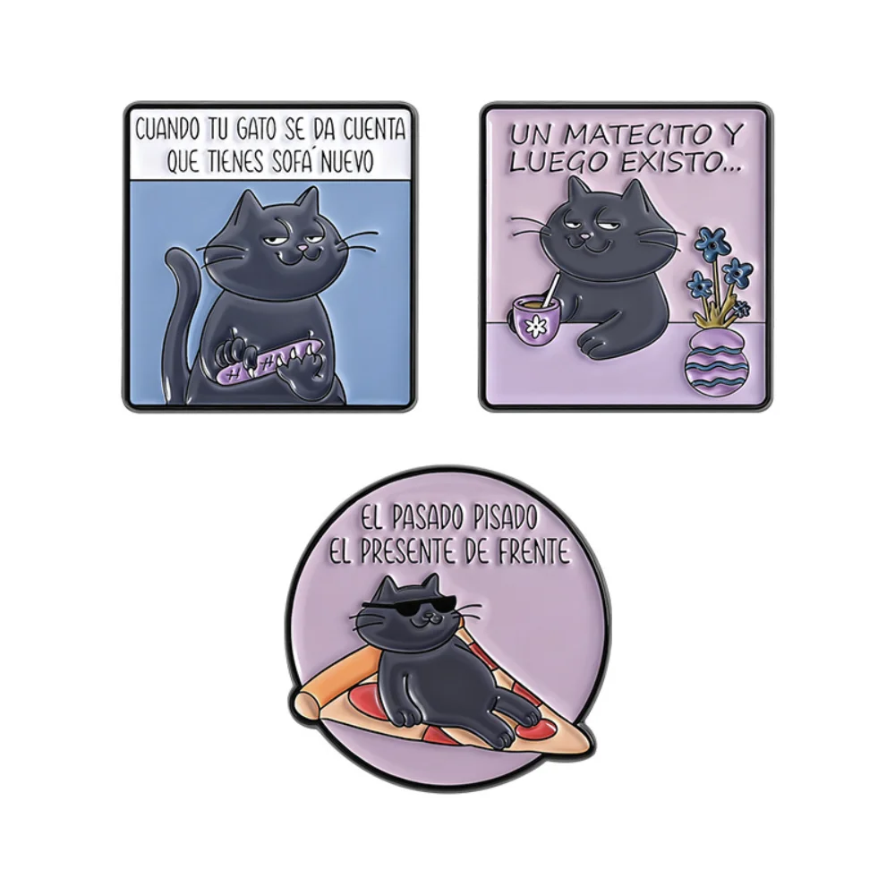 Lazy Black Cat Spanish Fun Badge Black Cat Alphabet Animal Slashes Cat New Sofa Seizes Brooch Bag Clothes Decorative Pins