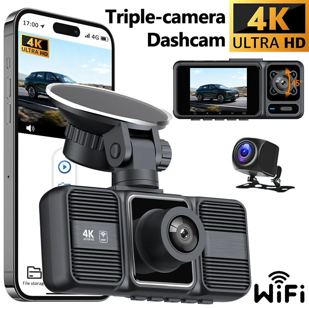 4K Dash Cam Triple Lens Car Camera Recorder Front Rear Cabin Video WiFi APP Control Night Vision Motion Detection Loop Recording