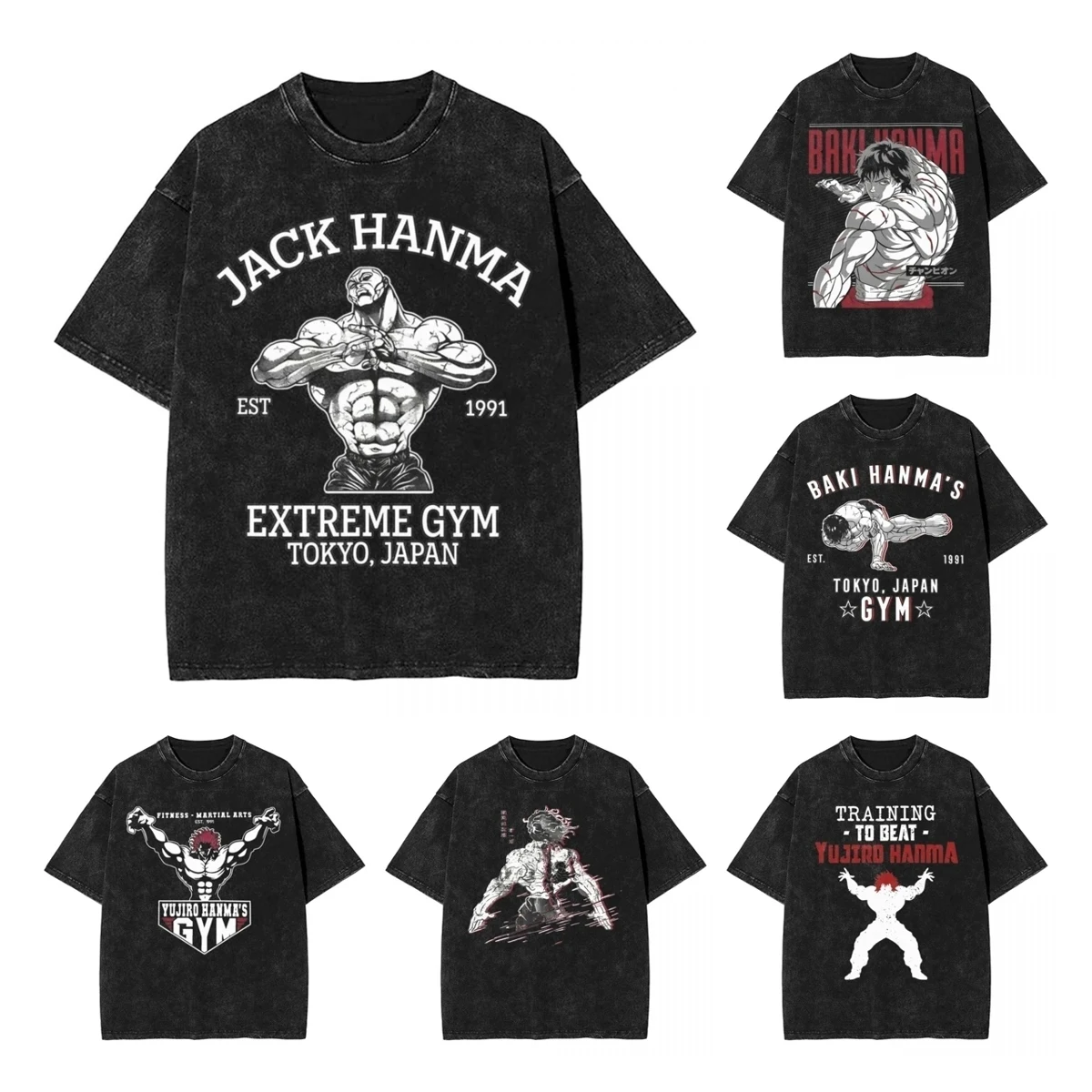 Baki The Grappler Jack Hanma Gyms Washed T Shirt Streetwear Hip Hop Cool T-Shirt Tees for Men Women 100% Cotton Oversize Summer