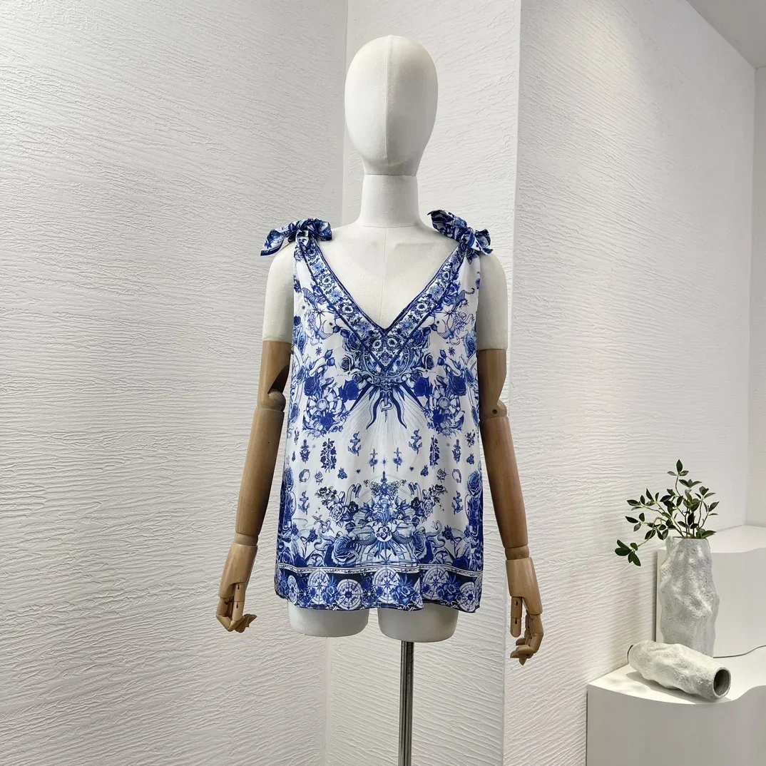 Women's Pure Silk Blue White Porcelain Color Sleeveless Floral Print Diamonds Deep V Neck Blouse Tops Skirt Set High Quality