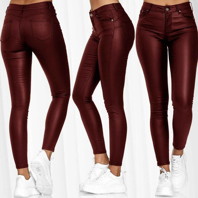 New Fashion Bodycon Faux Leather Pants Women's Sexy Stretch Casual Leggings Solid Leather Bodycon Pencile Pants Women Streetwear