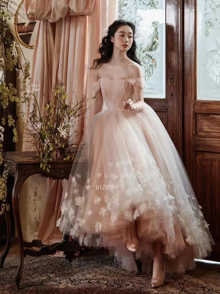 Rosa Brautkleider mit Applikationen 2025, schulterfrei, knöchellang, Abendpartykleid, maßgeschneidertes Abschlussballkleid für formelle Anlässe