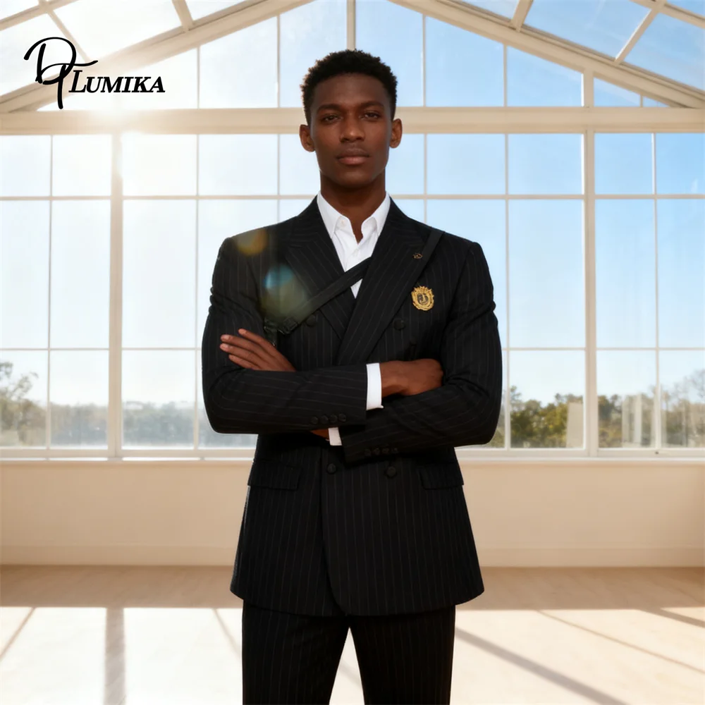 

DTLumika 2025 Autumn New Mens Suit Set, Slim Fitting Strips Formal Suit, Business Meeting Tuxedo Jacket Pants Set