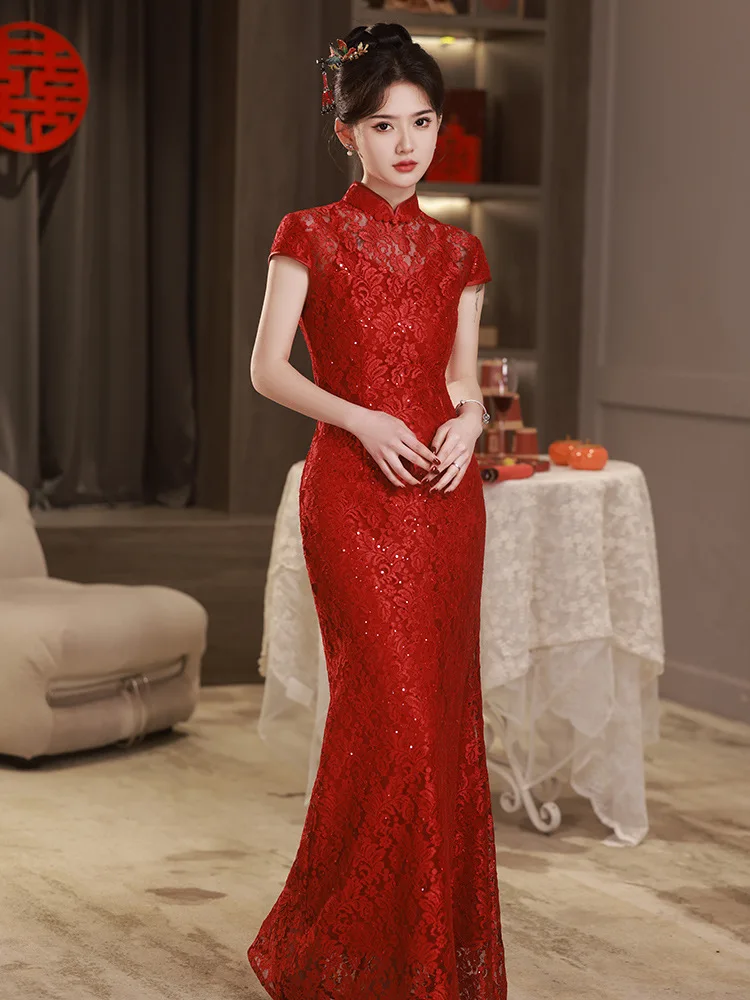 

Red Lace Cheongsam Short Sleeve Improved Vintage Fishtail Dress Women Wedding Costumes Qipao S To XXXL