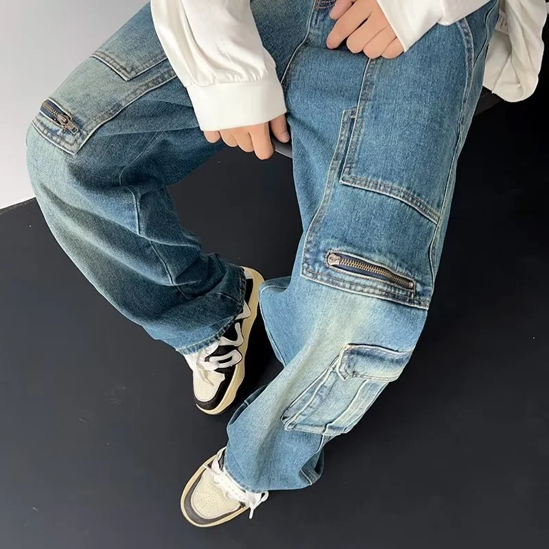 American Streetwear Multi-pocket Cargo Jeans For Men Y2K Vintage Wide Leg Denim Pants Hip Hop Fashion Baggy Jean Hombre Trousers