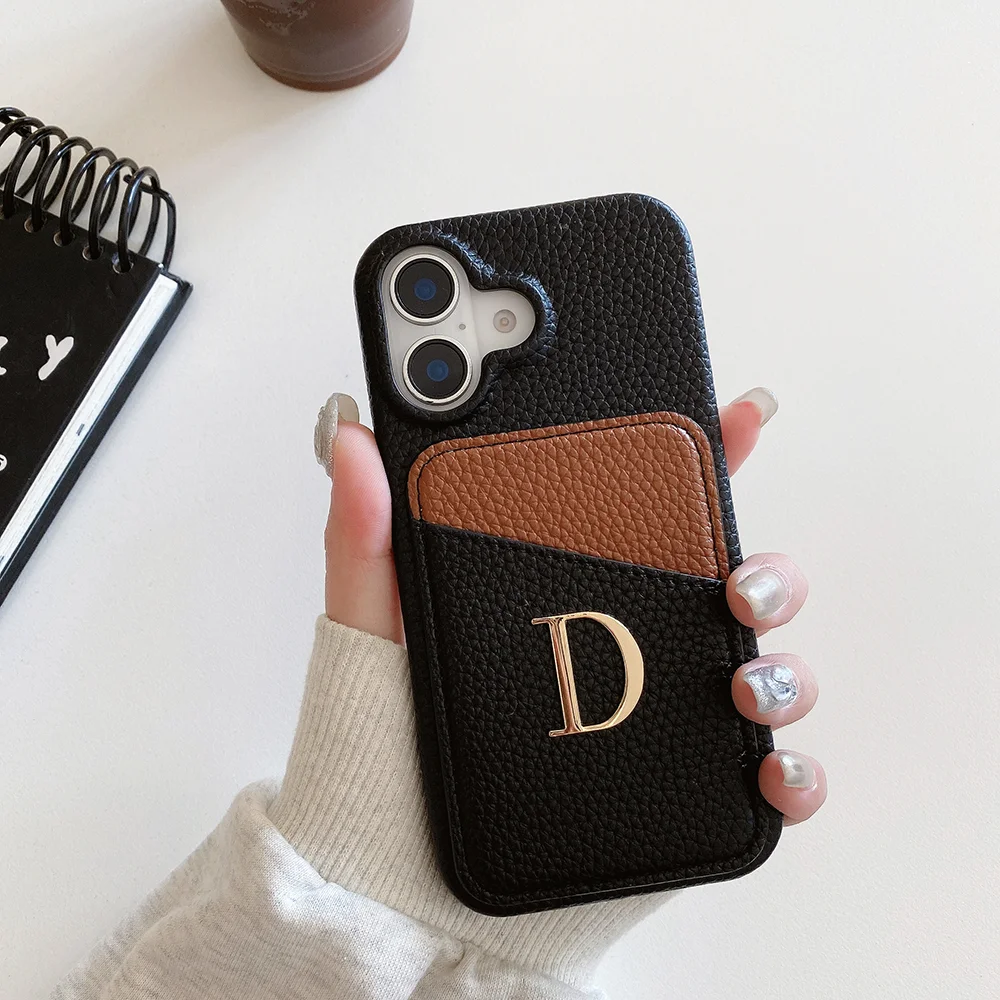 Customized Initial Leather Gold Letter Name CardHolder Phone Case for iPhone16ProMax 11 12 13 14 15ProMax 16Plus  Cover