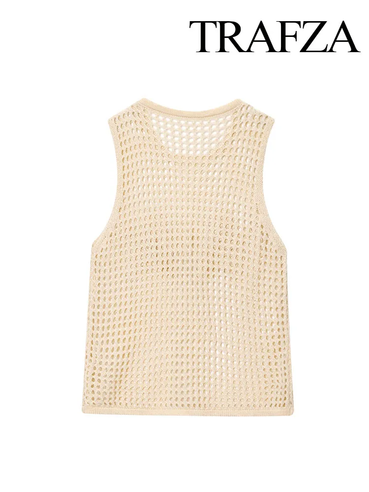 TRAFZA Woman Summer Fashion Crew Neck Solid Flower Decoration Hollow Out Knitted Vest Female Simple High Street Sleeveless Top