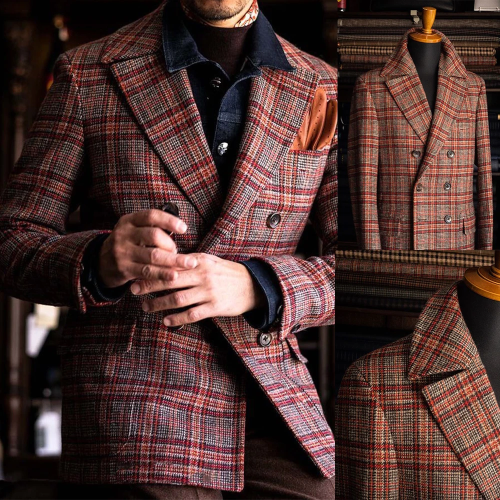 

Red Plaid Men Suit Tailor-Made One Piece Blazer Tuxedo Double Breasted Winter Woolen Coat Wedding Groom Causal Prom Tailored