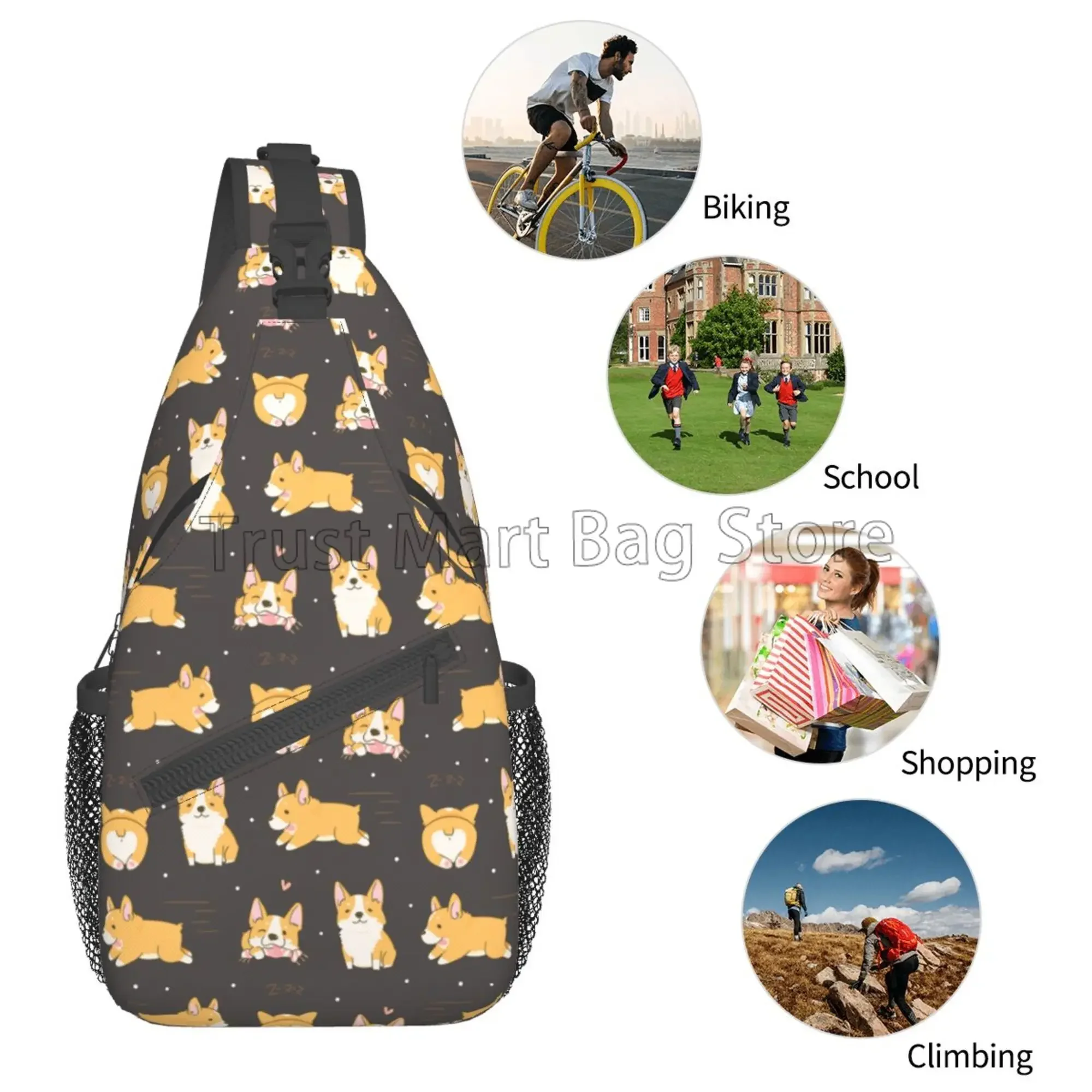 Bonito dos desenhos animados corgi cão estilingue mochila unisex macio sacos de peito crossbody daypack para viagens caminhadas acampamento casual bolsa ombro