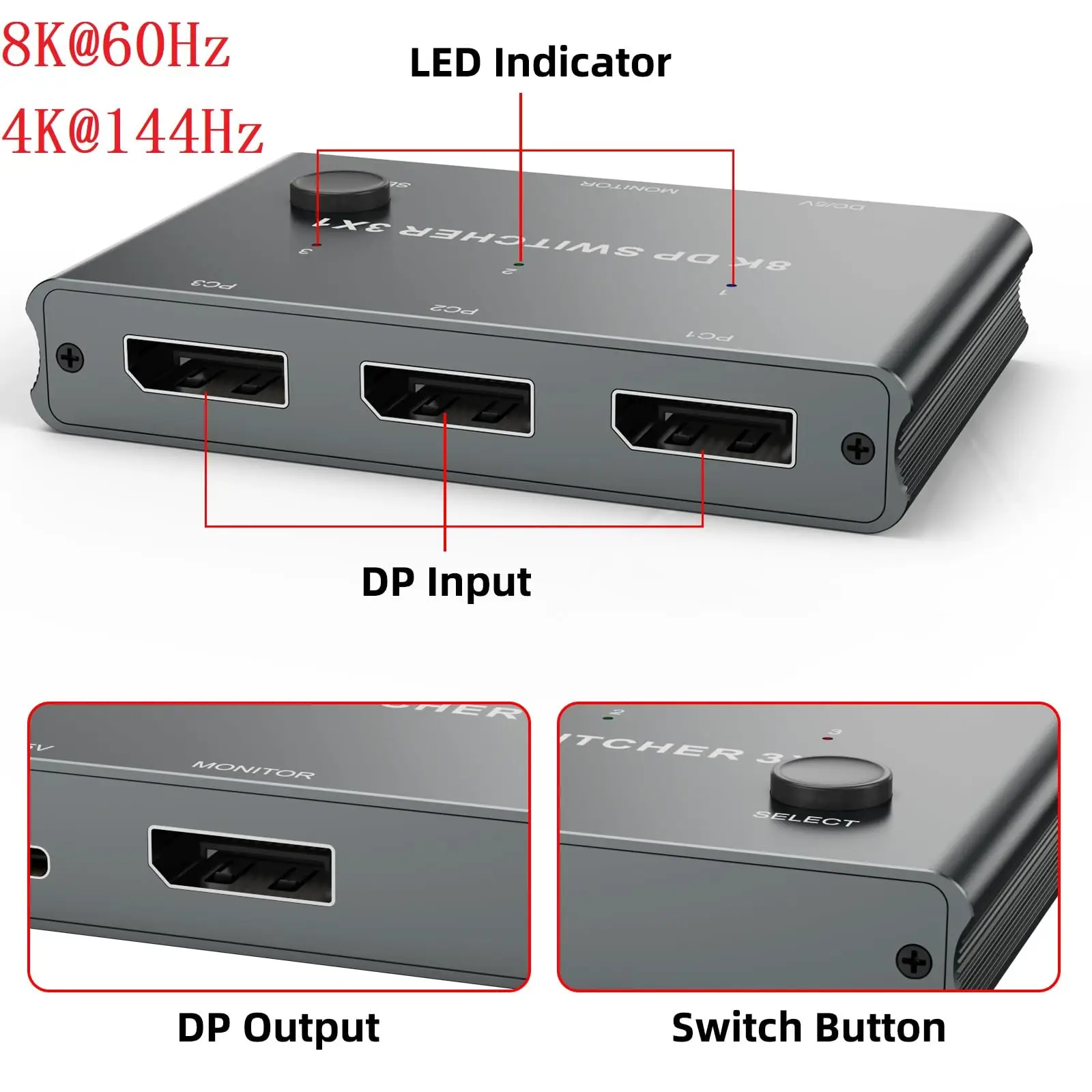 Imagem -06 - Displayport Displayport Switch dp Switches Splitter Selector Box Suporte Botão 8k @ 60hz 4k @ 144hz em Saída Compatível com pc