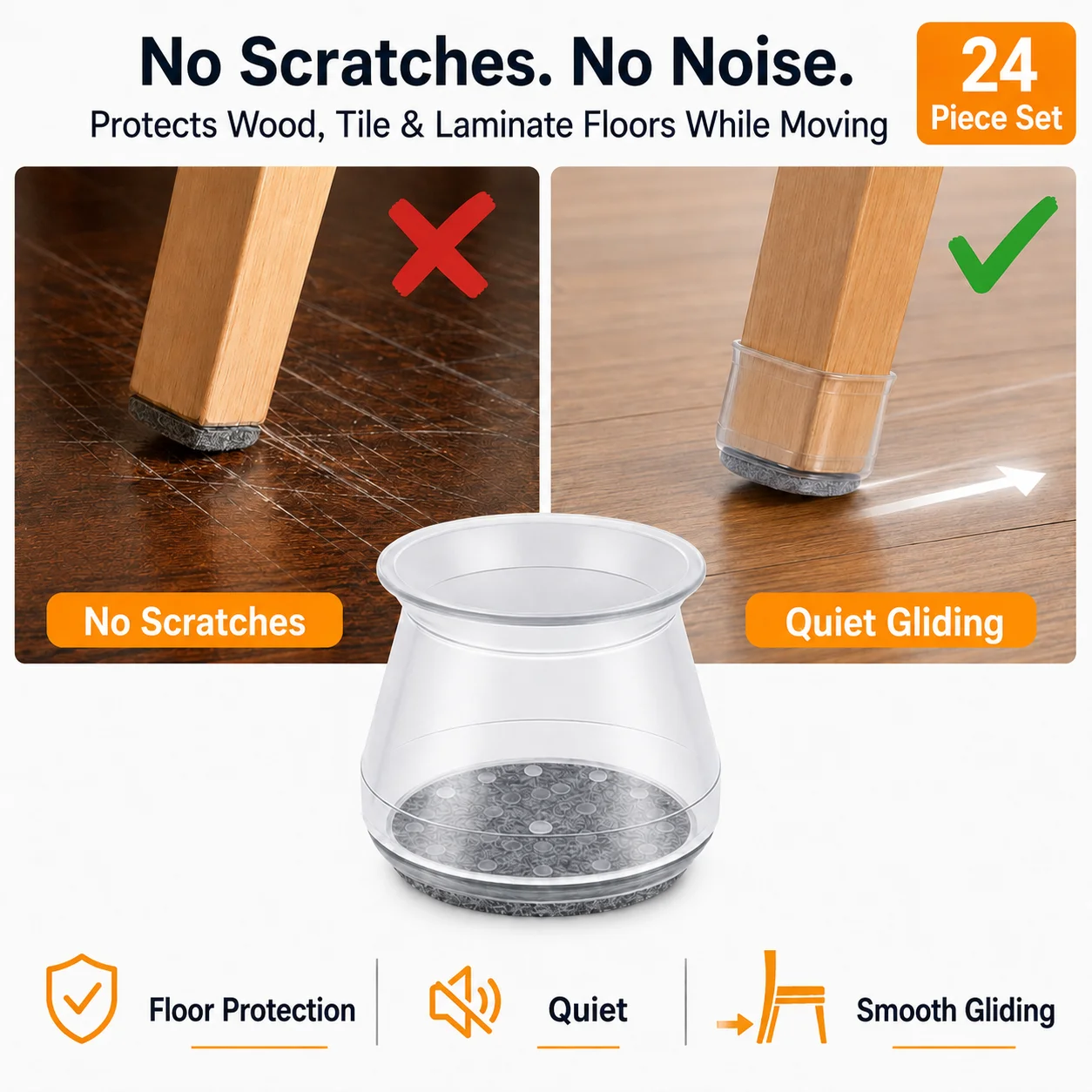 Silicone Chair Leg Protectors 24 PCS, Furniture Floor Protectors with Felt Pads for Hardwood Laminate Tile Floors, Chairs Tables