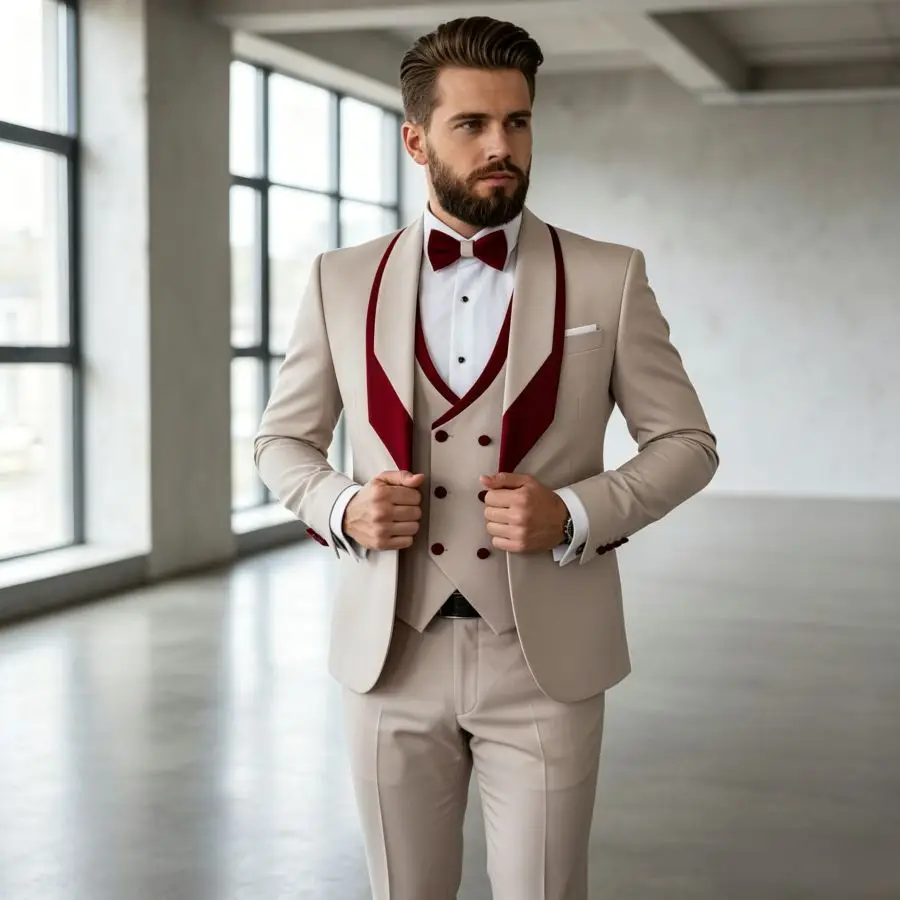 

3 Pieces Men's Slim Fit Wedding Tuxedo Beige Groom Prom Dinner Blazer Vest Pants Set Classic Business Formal Suit for Men