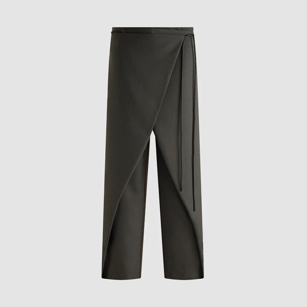 Elegant Women High Waist Wrap Skirt Pants Self Tie Waistband Asymmetrical Overlay Wide Leg Ladies Straight Trousers