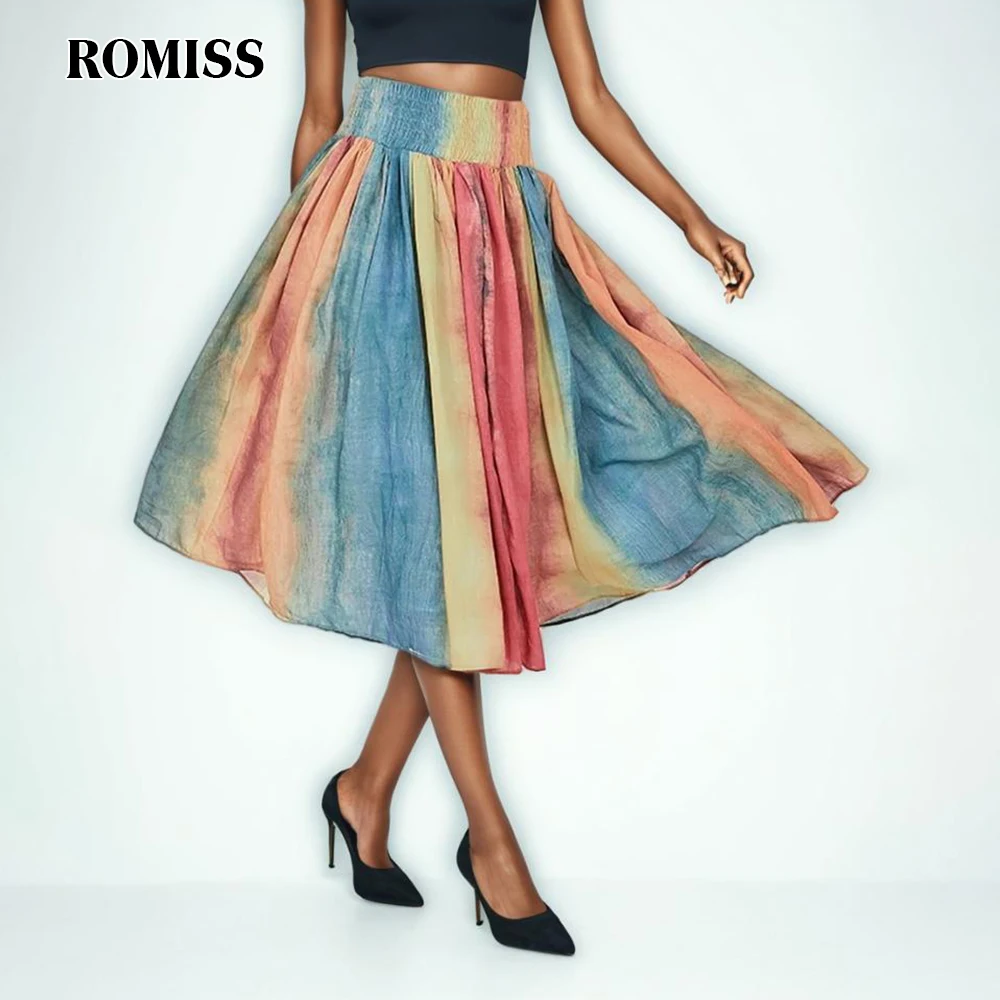 

ROMISS Casual Colorful Striped Skirts For Women High Waist Patchwork Folds Loose A Line Skirt Female Fashion Style Clothing