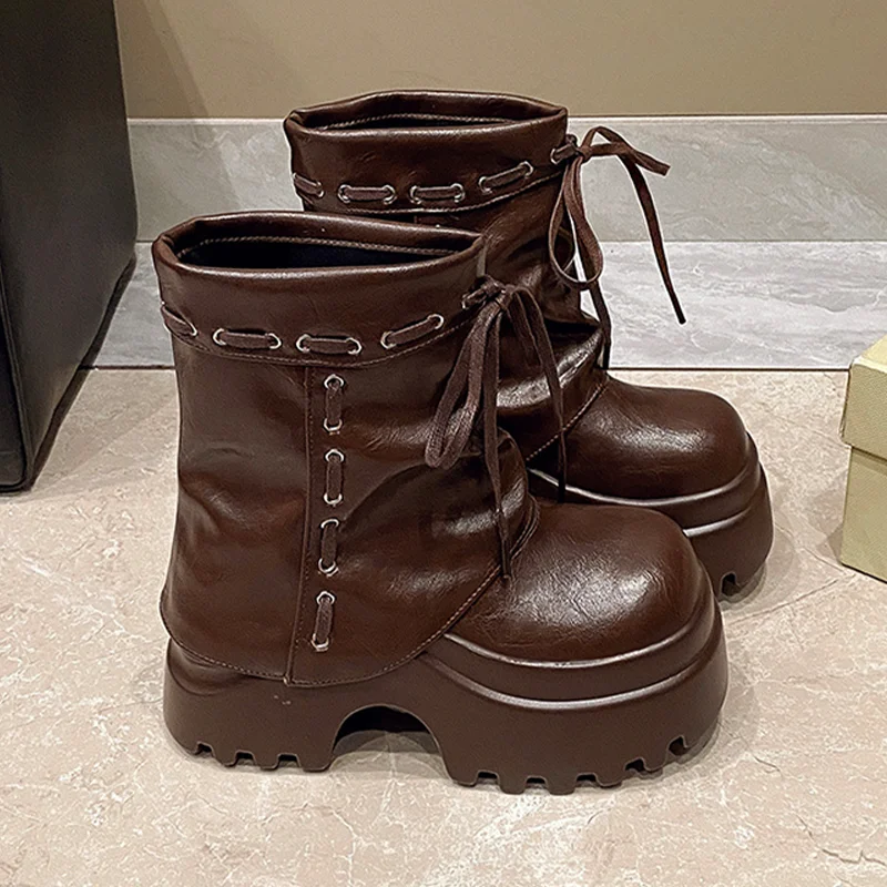 

Designer Women's Ankle Boots High Heels Designer Leather Retro Shoes 2025 Platform Fashion Motorcycle Boots New Goth Mujer Botas