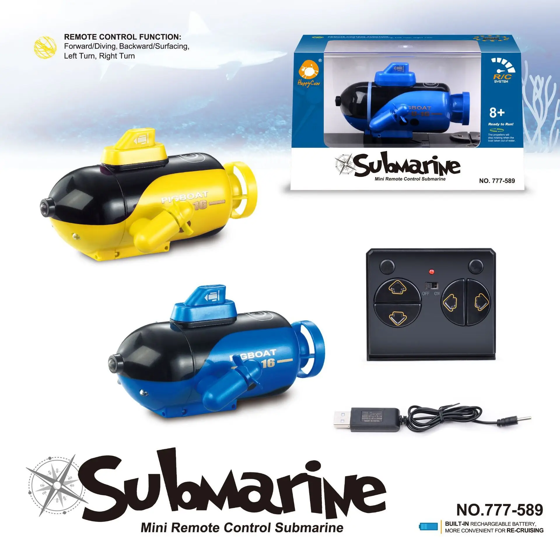 

New RC Submarine with LED Light Radio Control Boat Waterproof Charge Nuclear-powered Submarine Model Gift Toys for Children