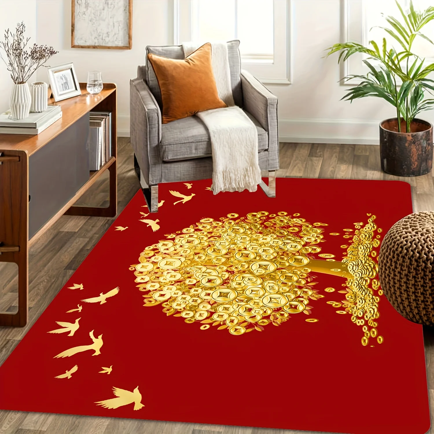 Gold Coin Tree Carpet - Lucky and Prosperous Design for Living Room, Bedroom, and Home Decor - Perfect for New Year Celebrations