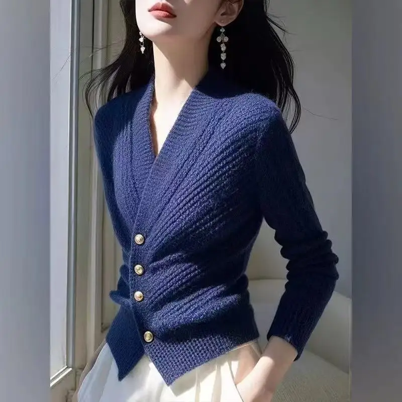 

Модный синий женский свитер V-Ne, утягивающий кардиган, весна-осень-зима, длинный вязаный шерстяной свитер для поездок на работу