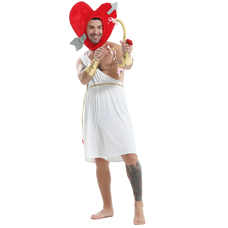 

Men's Greek God of Love Eros Outfits Halloween Fancy Dress Up With Red Heart Hat Bow Arrow Adult Amor Cupid Costume