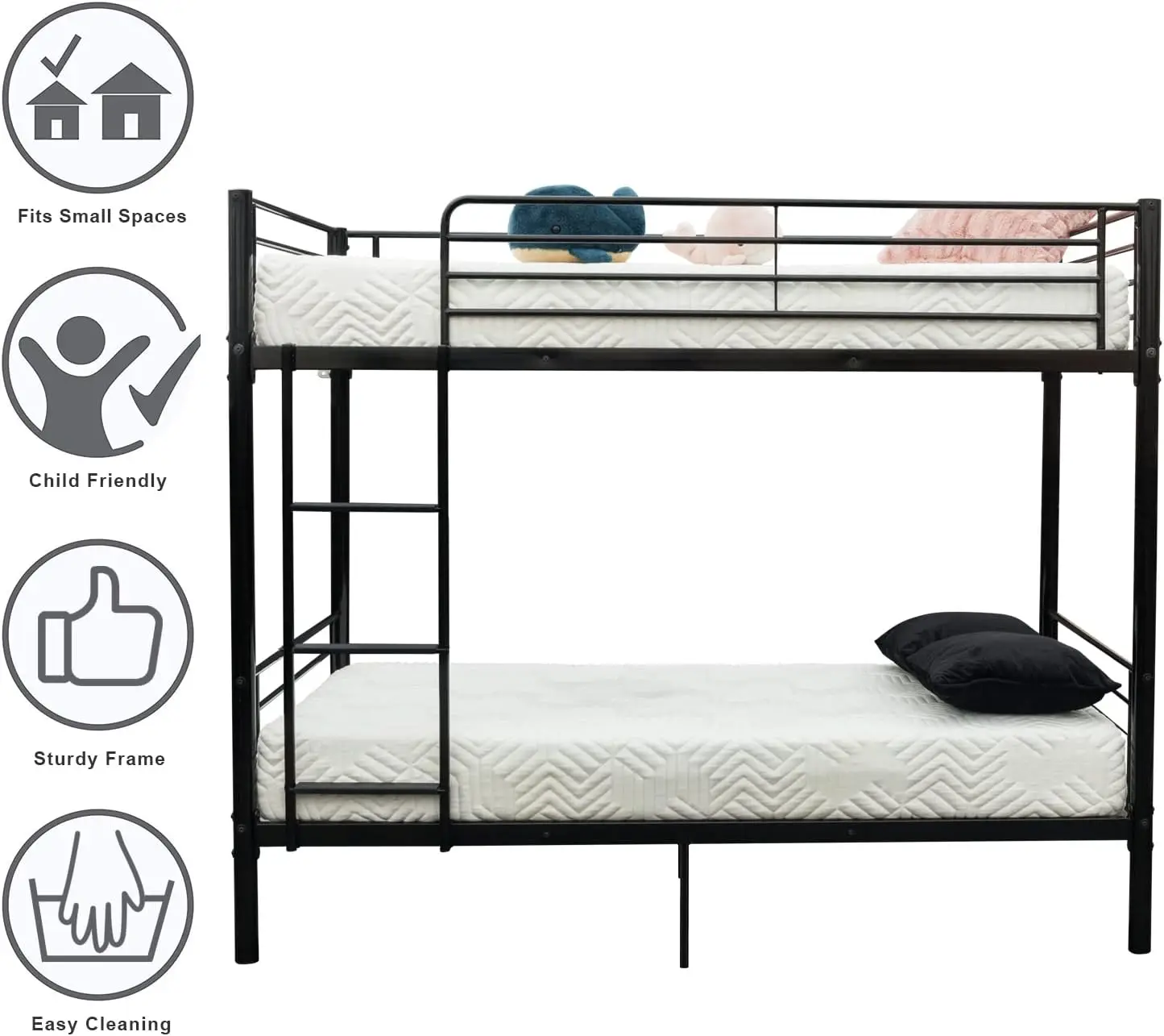 

Twin Bunk Beds for Kids/Teens/Adults, Flat Ladder and High Guardrail, Metal Bunk Bed with Stairs, Black