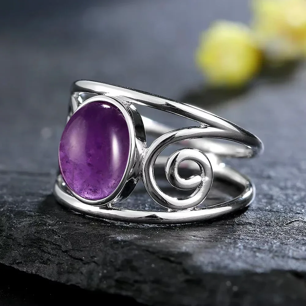 S925 Sterling Silber Natürliche Amethyst-Ringe 8*10MM Natürliche Edelsteine ​​Retro-Ring in ovaler Form Feiner Schmuck Partygeschenke für Frauen – Detail 2