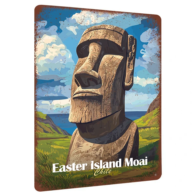 Easter Island Moai Metal Wall Art Chilean Cultural Decorative Painting for Living Room Study Room Wall Hanging Decoration