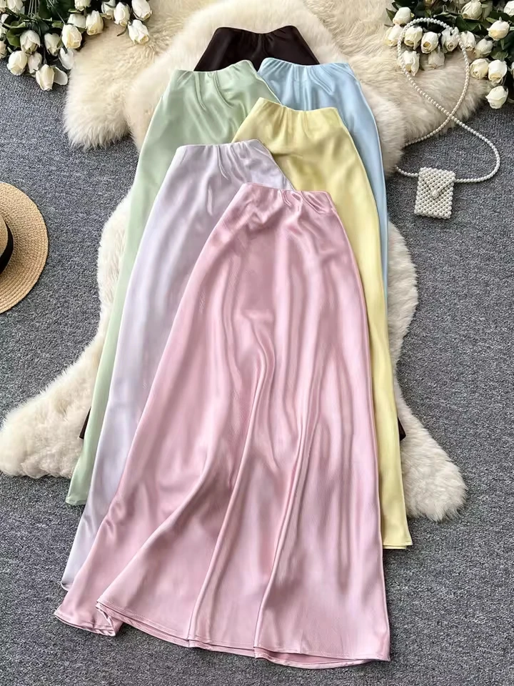 New 2026 Women Solid Color Satin High-waisted Pleated  A-line Skirt Female Summer Sweet Elegant Slimming Versatile Skirt