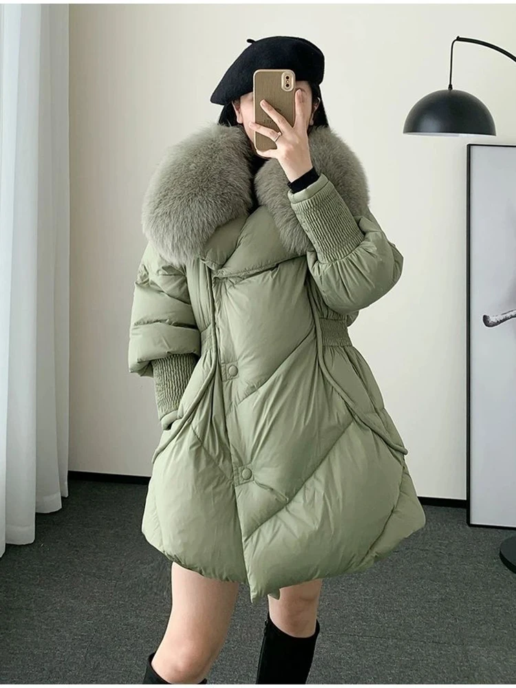 Winter 2024 New Big Fur Collar White Duck Down Puffer Jacket Medium Length Coat for Women Warm Thicken Loose Parka