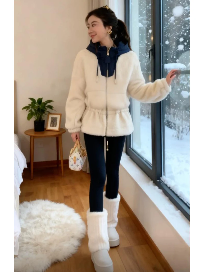 Lamb Fur Jacket Women's Waist-Cinching Thickened Warm Top Elegant Style Long Sleeve Zipper Closure Home Wear Spring Autumn Wi...